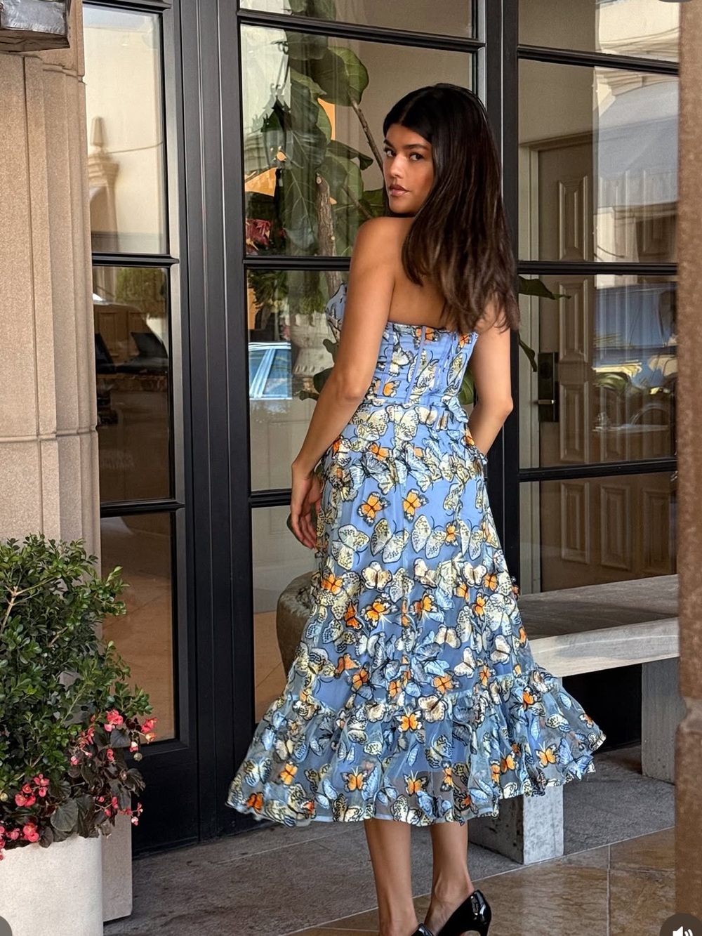 Dress the Population Strapless Blue Floral Midi Dress with Orange Accents - Picture 3 of 4